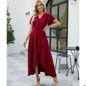 Burgandy High-Low Split V- Neck Wrap Dress